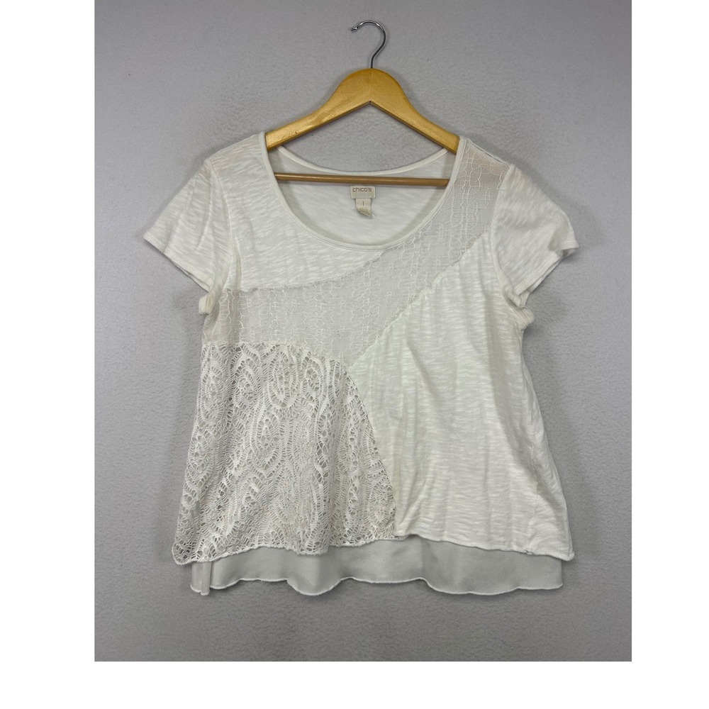 Boho Chico's Women Size 1 Small White Lace Mixed Media Slub Knit Layered Hem Top